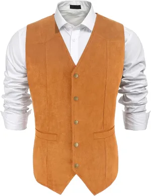 Men's Suede Leather Suit Vest V Neck Cowboy Vest Vintage 5 Snaps Western Vests Casual Waistcoat for Wedding Prom