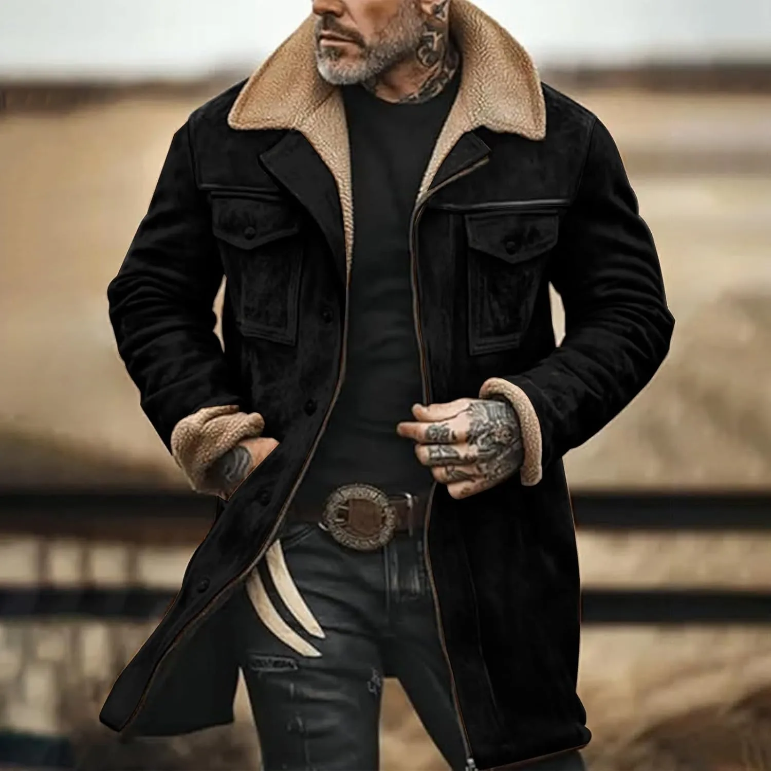 Men's Thicken Suede Jacket Handsome Retro Suede Jackets Casual Warm Multi Pocket Zip Long Sleeve Padded Coat Tops