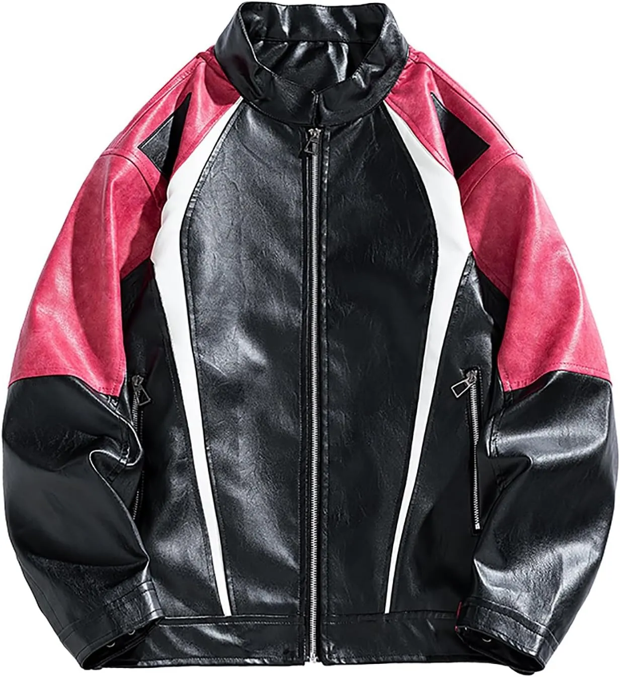Men's Varsity Jacket Motorcycle Leather Jacket Fashion Color Block Baseball Leather Jacket Streetwear Bomber Coats