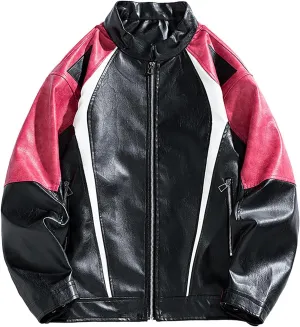 Men's Varsity Jacket Motorcycle Leather Jacket Fashion Color Block Baseball Leather Jacket Streetwear Bomber Coats