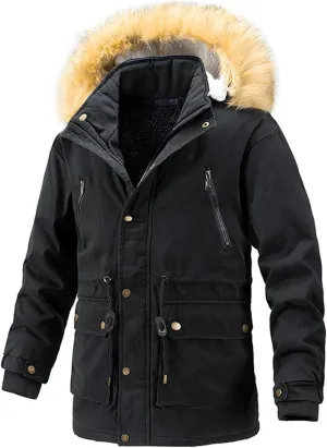 Men's Winter Puffer Hooded Coats Thicken Warmth Fleece Lined Tactical Work Cotton Jackets Zip Vintage Padded Coat