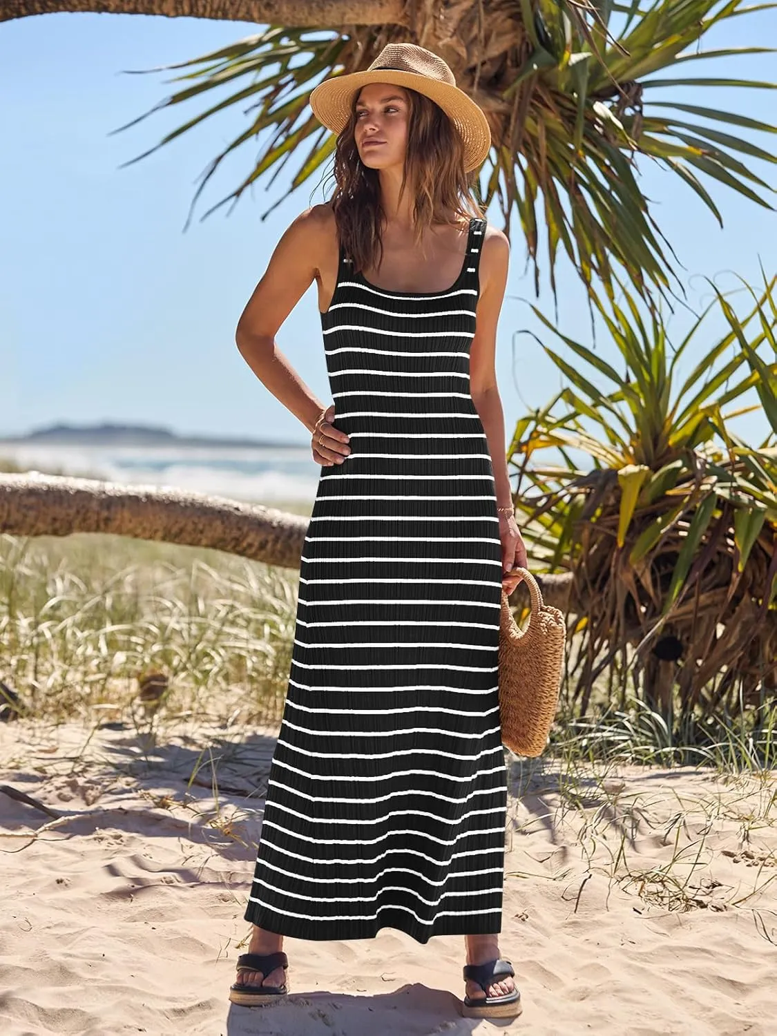 MEROKEETY Women's 2025 Sleeveless Summer Tank Dress Striped Bodycon Maxi Dress Square Neck Ribbed Knitted Sundress
