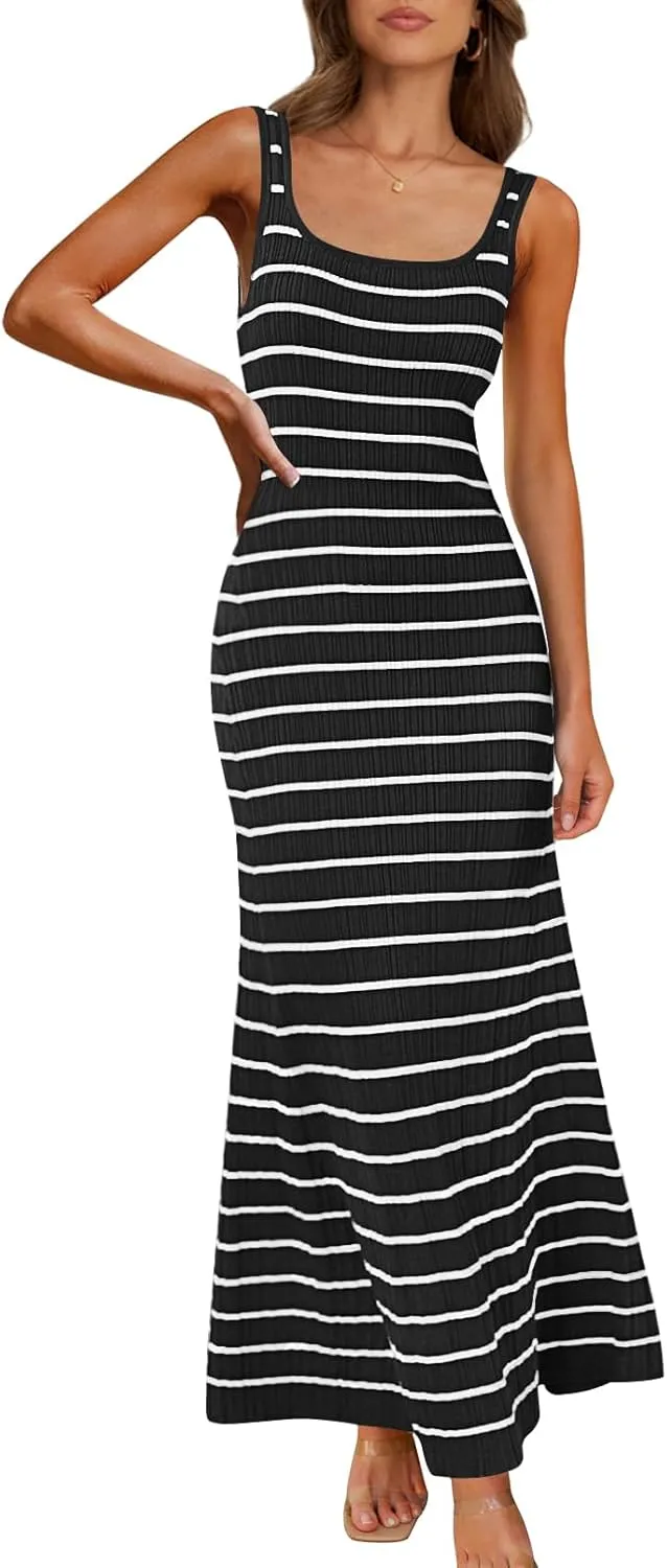 MEROKEETY Women's 2025 Sleeveless Summer Tank Dress Striped Bodycon Maxi Dress Square Neck Ribbed Knitted Sundress