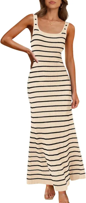 MEROKEETY Women's 2025 Sleeveless Summer Tank Dress Striped Bodycon Maxi Dress Square Neck Ribbed Knitted Sundress