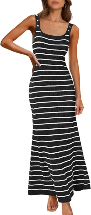 MEROKEETY Women's 2025 Sleeveless Summer Tank Dress Striped Bodycon Maxi Dress Square Neck Ribbed Knitted Sundress