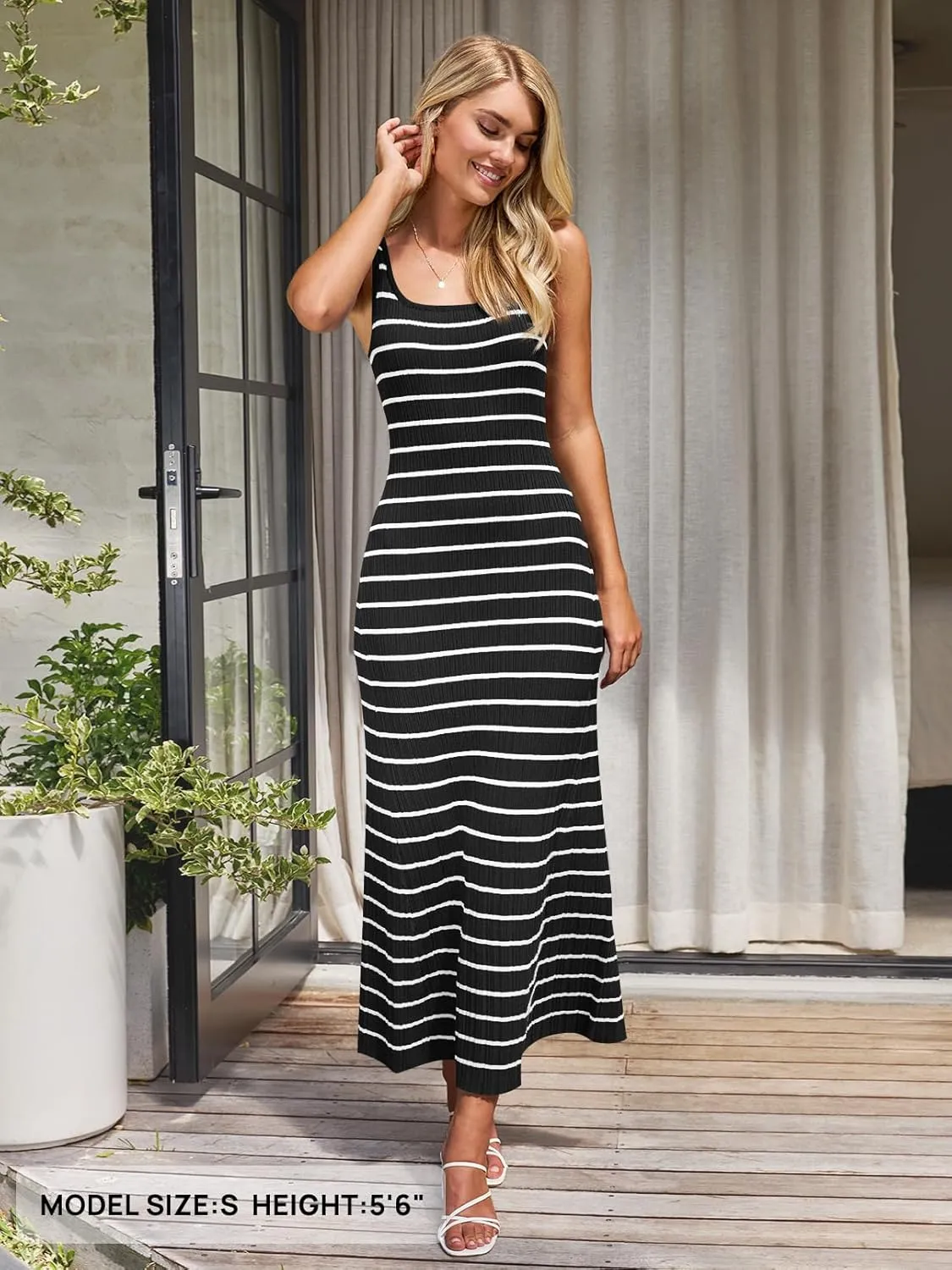 MEROKEETY Women's 2025 Sleeveless Summer Tank Dress Striped Bodycon Maxi Dress Square Neck Ribbed Knitted Sundress
