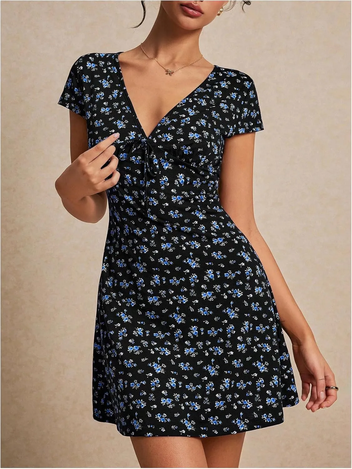 Milumia Women's Boho Disty Floral Mini Dress Deep V Neck Short Sleeve A Line Short Dress