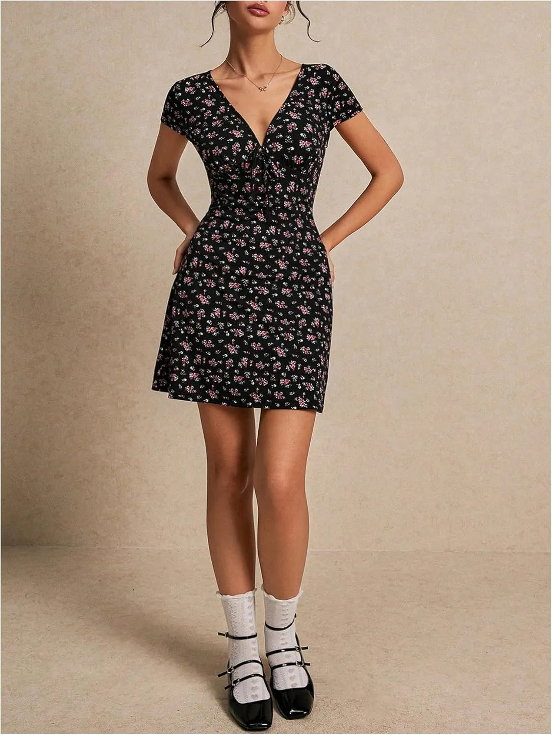 Milumia Women's Boho Disty Floral Mini Dress Deep V Neck Short Sleeve A Line Short Dress