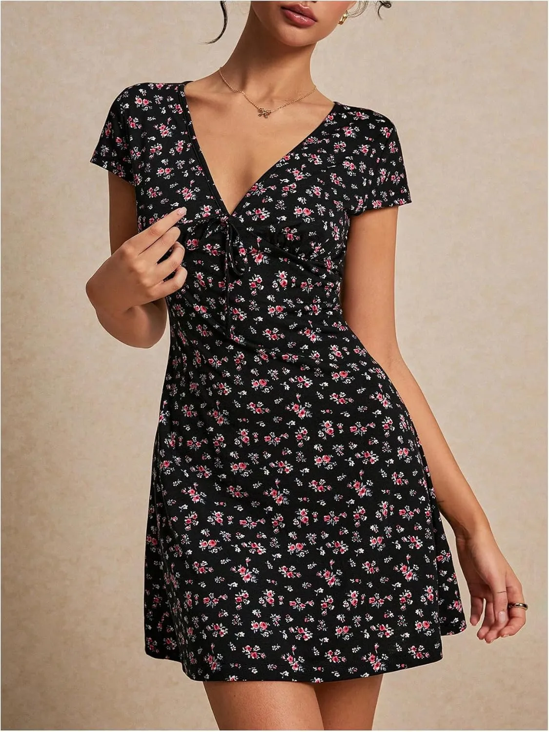 Milumia Women's Boho Disty Floral Mini Dress Deep V Neck Short Sleeve A Line Short Dress