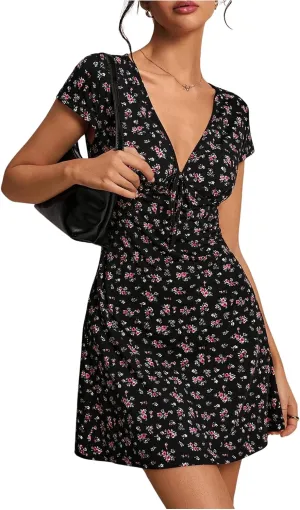 Milumia Women's Boho Disty Floral Mini Dress Deep V Neck Short Sleeve A Line Short Dress