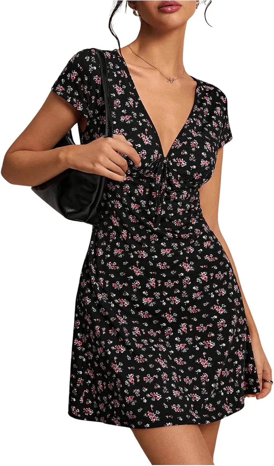 Milumia Women's Boho Disty Floral Mini Dress Deep V Neck Short Sleeve A Line Short Dress