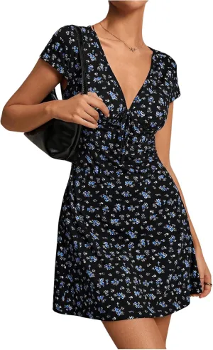 Milumia Women's Boho Disty Floral Mini Dress Deep V Neck Short Sleeve A Line Short Dress