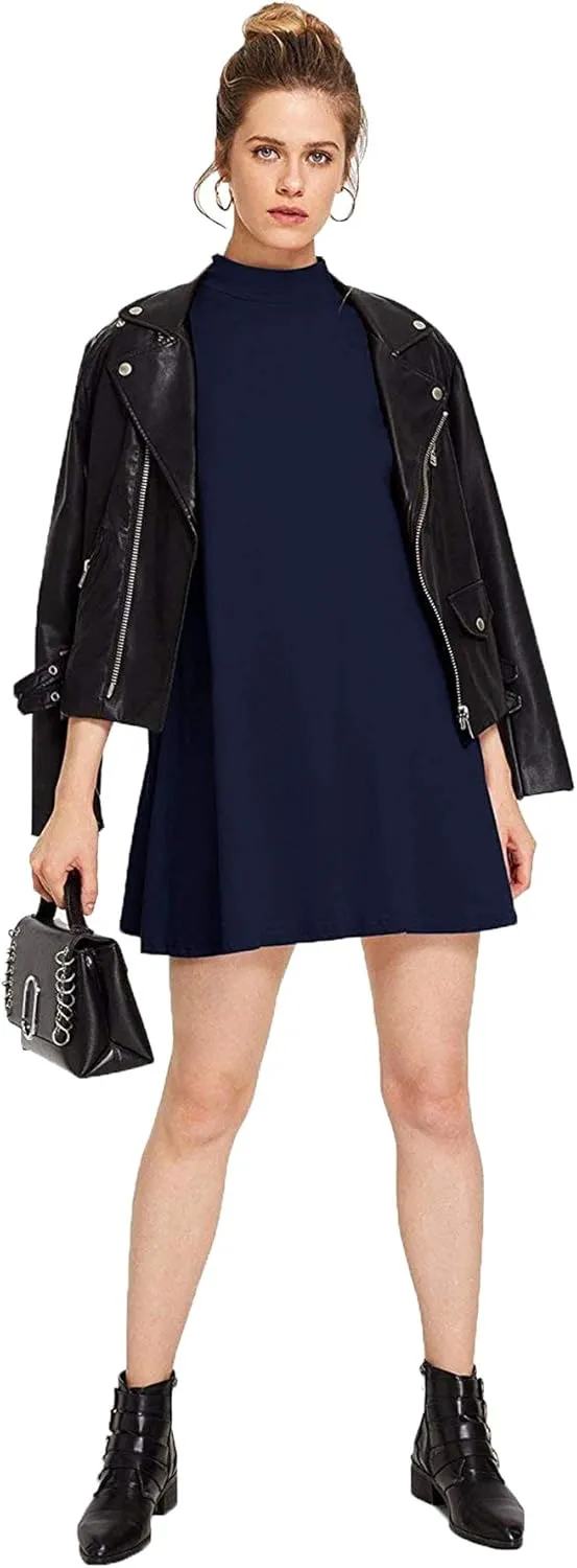 Milumia Women's Mock Neck T Shirt Dress Casual Short Sleeve Loose A Line Swing Mini Dress