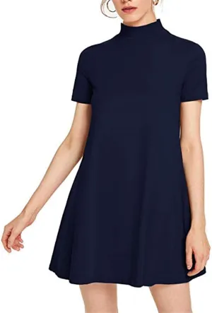 Milumia Women's Mock Neck T Shirt Dress Casual Short Sleeve Loose A Line Swing Mini Dress