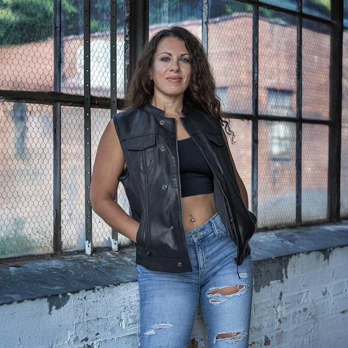 Milwaukee Leather MLL4512 Womens Lashes Black Leather Club Style Motorcycle Rider Vest w/Concealed Closure