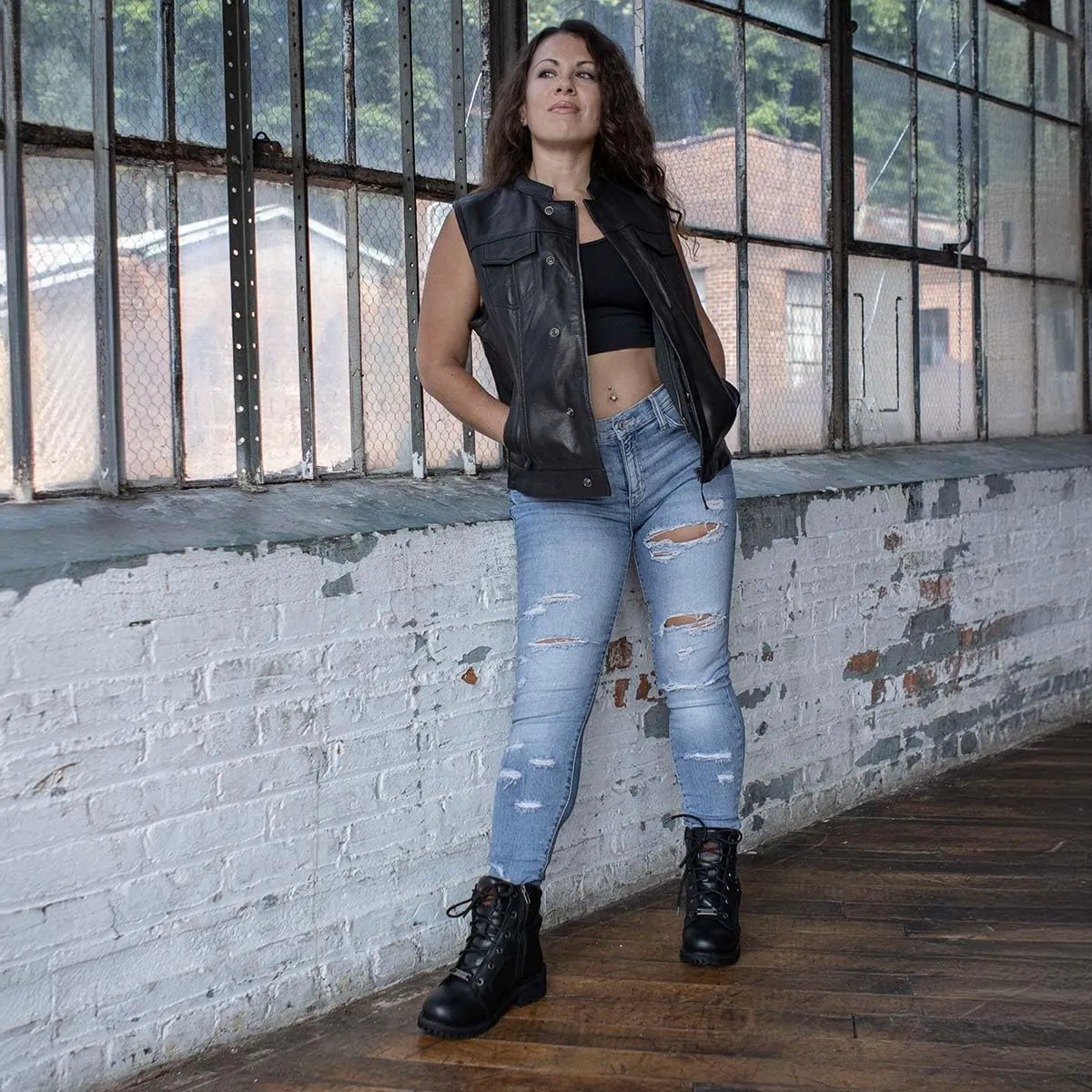 Milwaukee Leather MLL4512 Womens Lashes Black Leather Club Style Motorcycle Rider Vest w/Concealed Closure