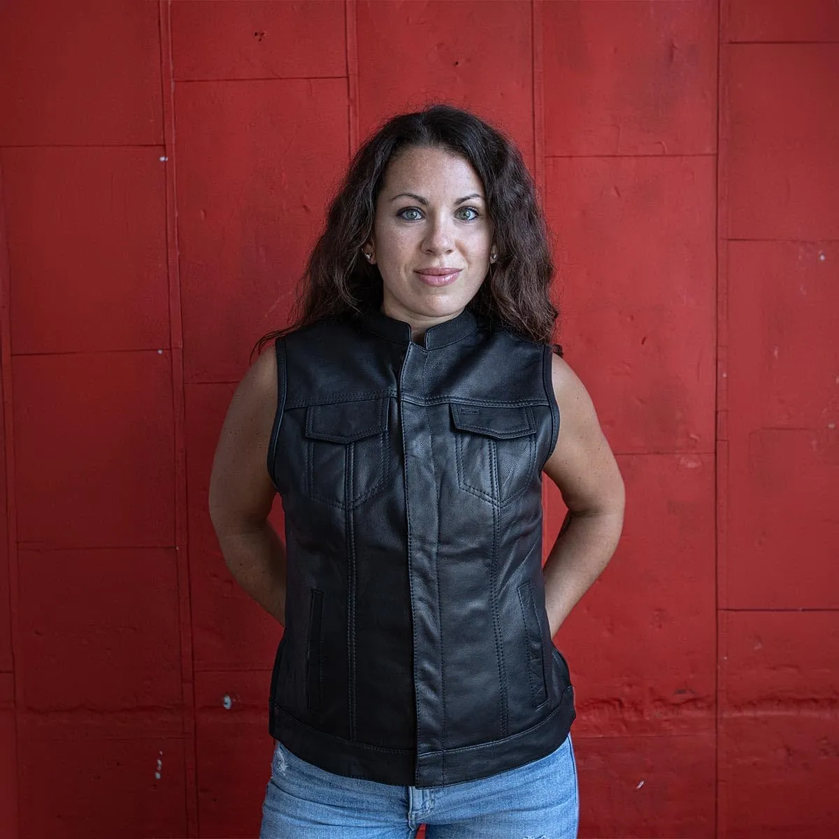 Milwaukee Leather MLL4512 Womens Lashes Black Leather Club Style Motorcycle Rider Vest w/Concealed Closure
