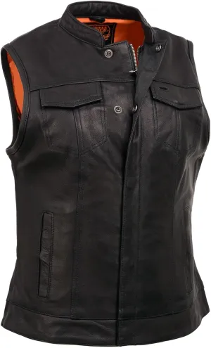 Milwaukee Leather MLL4512 Womens Lashes Black Leather Club Style Motorcycle Rider Vest w/Concealed Closure