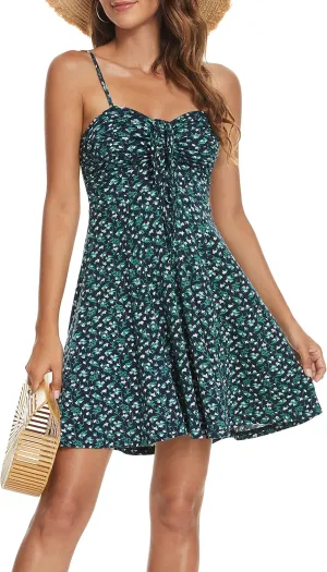 Missufe Spaghetti Strap Floral Mini Dress Women's Casual Ruched Front Drawstring Swing Sundress