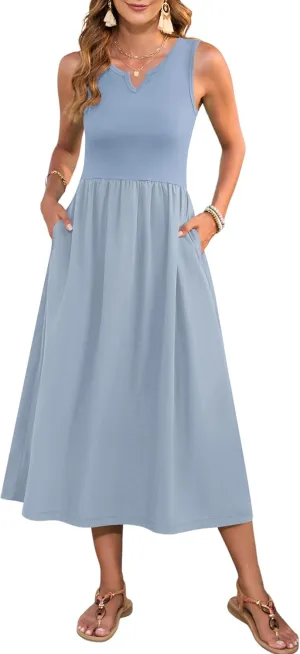 MOLERANI Women Summer Casual Sleeveless Midi Sundress 2025 Patchwork Knit V Neck Tank Flowy Beach Vacation Dress with Pockets