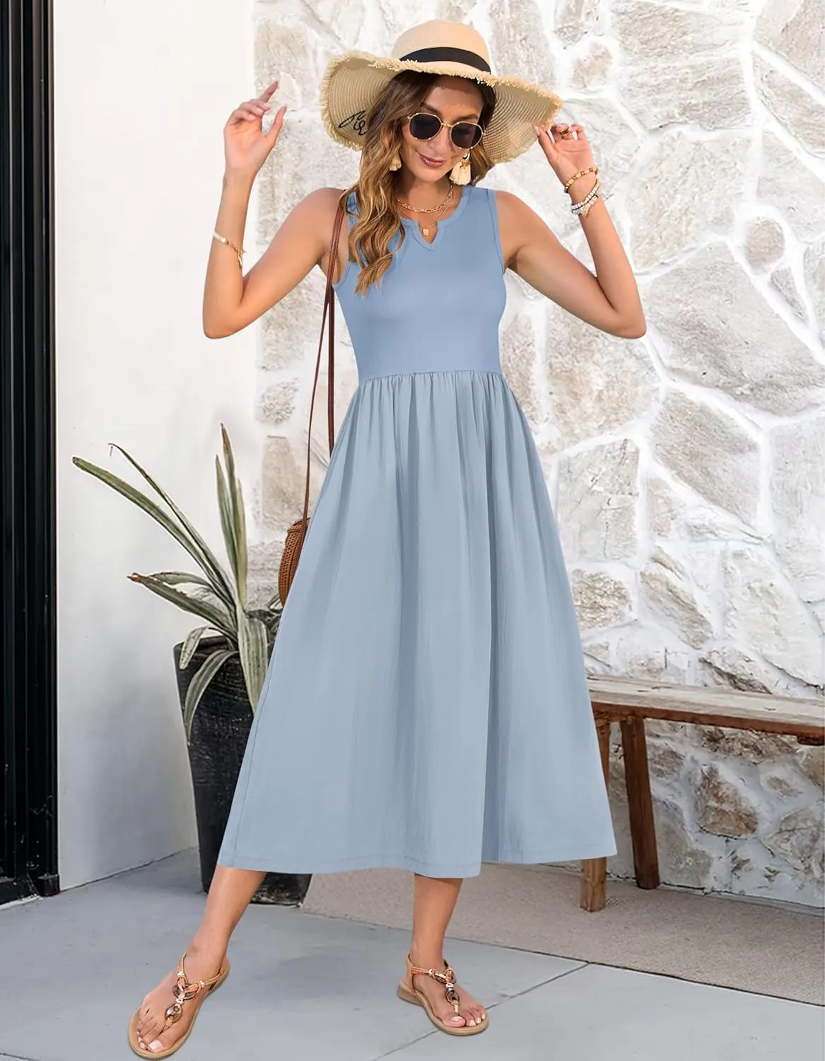 MOLERANI Women Summer Casual Sleeveless Midi Sundress 2025 Patchwork Knit V Neck Tank Flowy Beach Vacation Dress with Pockets