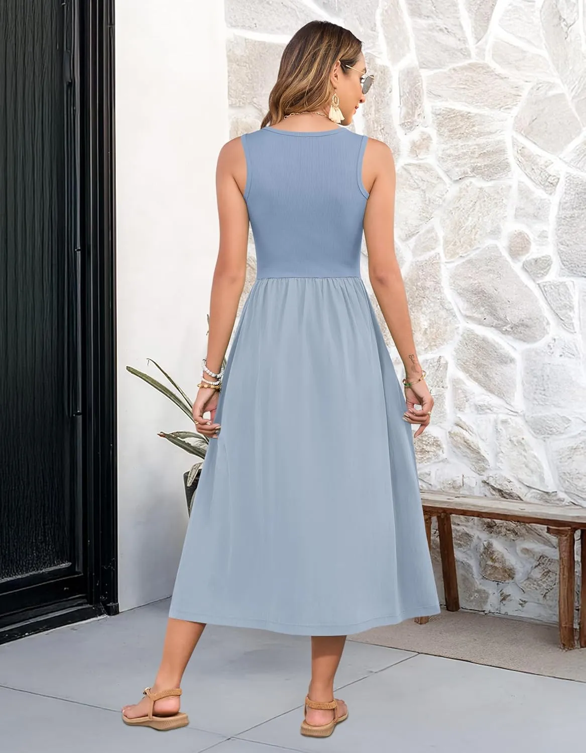 MOLERANI Women Summer Casual Sleeveless Midi Sundress 2025 Patchwork Knit V Neck Tank Flowy Beach Vacation Dress with Pockets