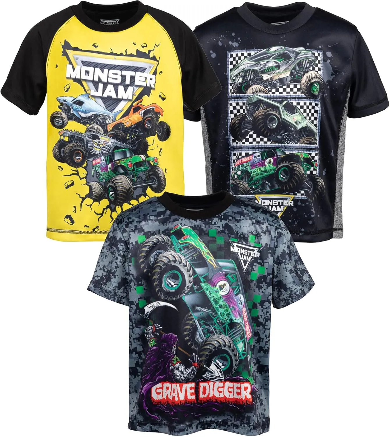 Monster Jam 3 Pack T-Shirts Toddler to Big Kid Grave Digger El Toro Loco Megalodon