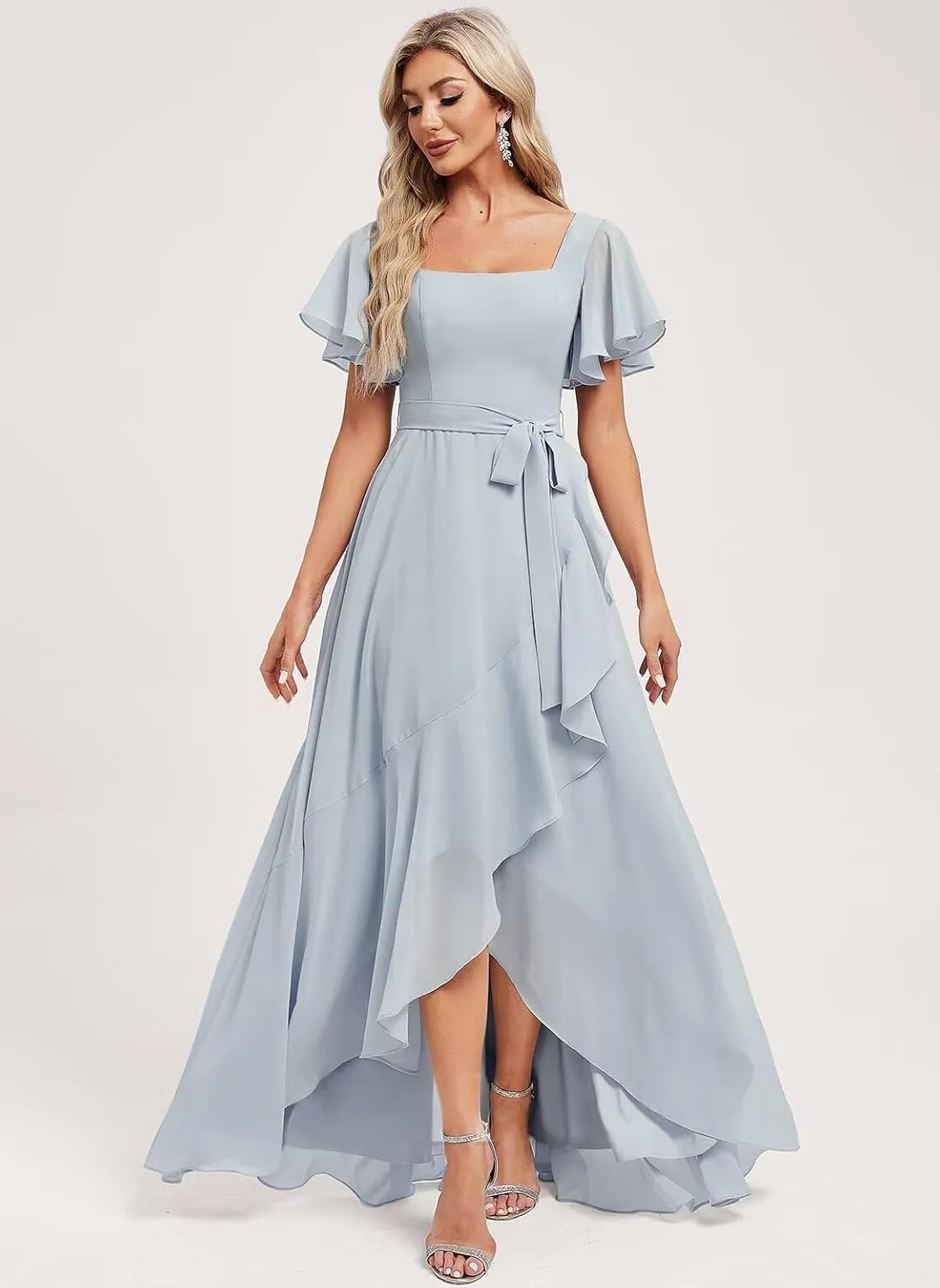 Monvelli Asymmetrical Chiffon Flutter Sleeve Bridesmaid Dresses for Women Square Neck Formal Gowns with Pockets 2025