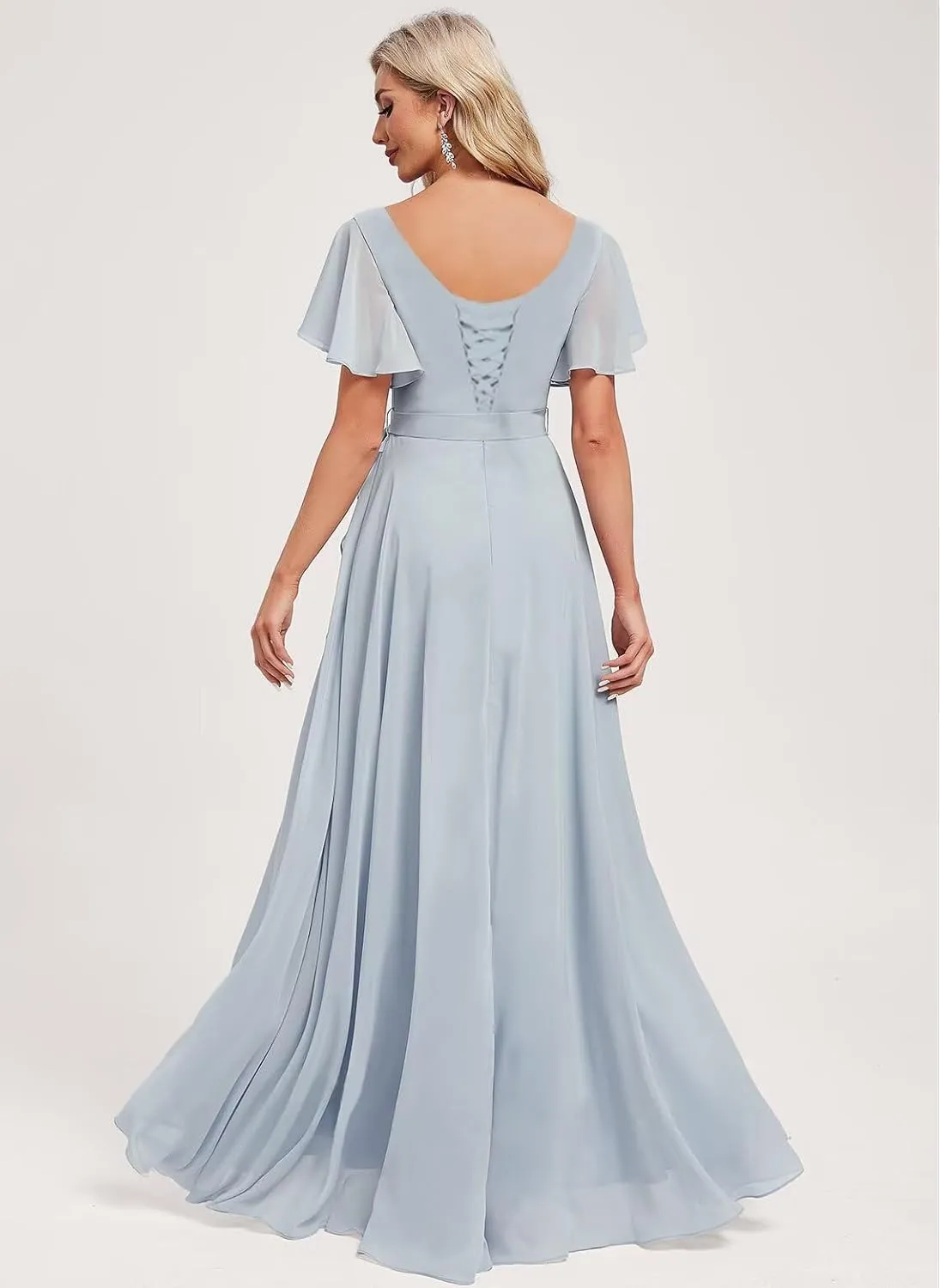 Monvelli Asymmetrical Chiffon Flutter Sleeve Bridesmaid Dresses for Women Square Neck Formal Gowns with Pockets 2025