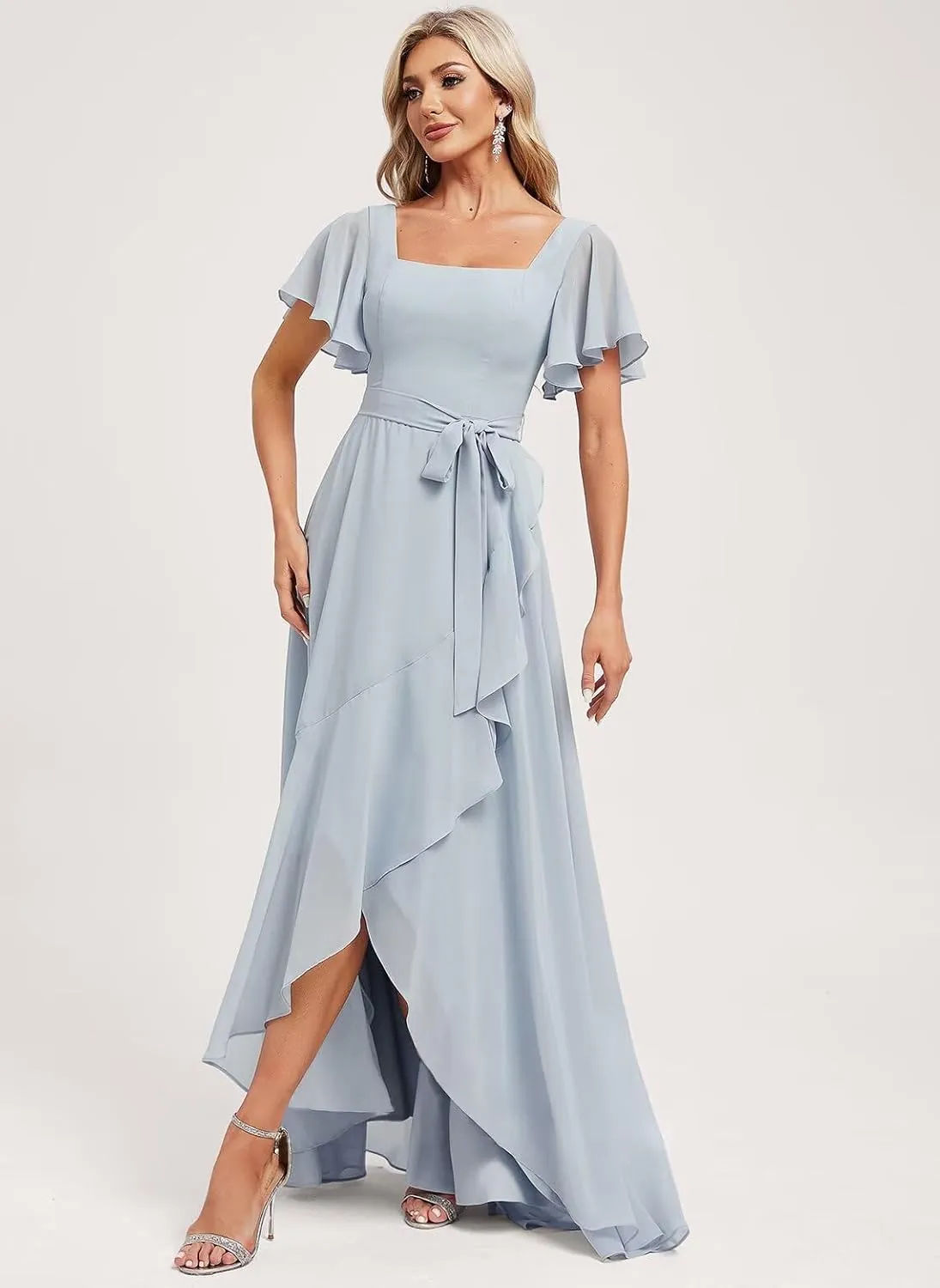 Monvelli Asymmetrical Chiffon Flutter Sleeve Bridesmaid Dresses for Women Square Neck Formal Gowns with Pockets 2025