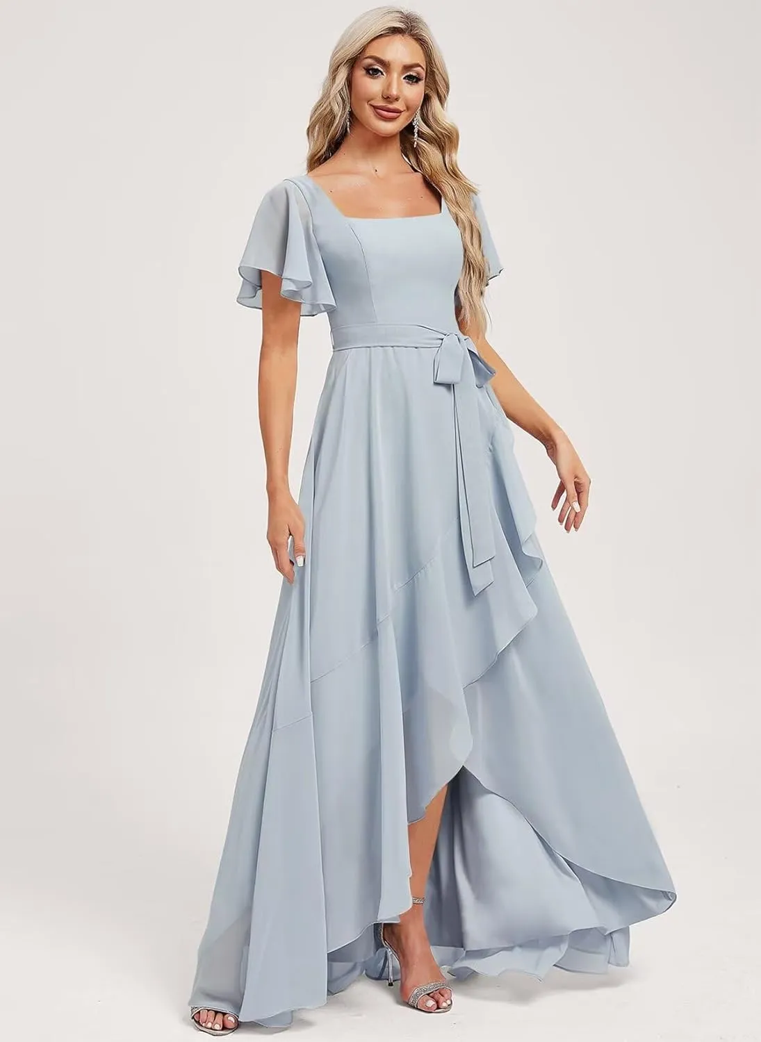 Monvelli Asymmetrical Chiffon Flutter Sleeve Bridesmaid Dresses for Women Square Neck Formal Gowns with Pockets 2025