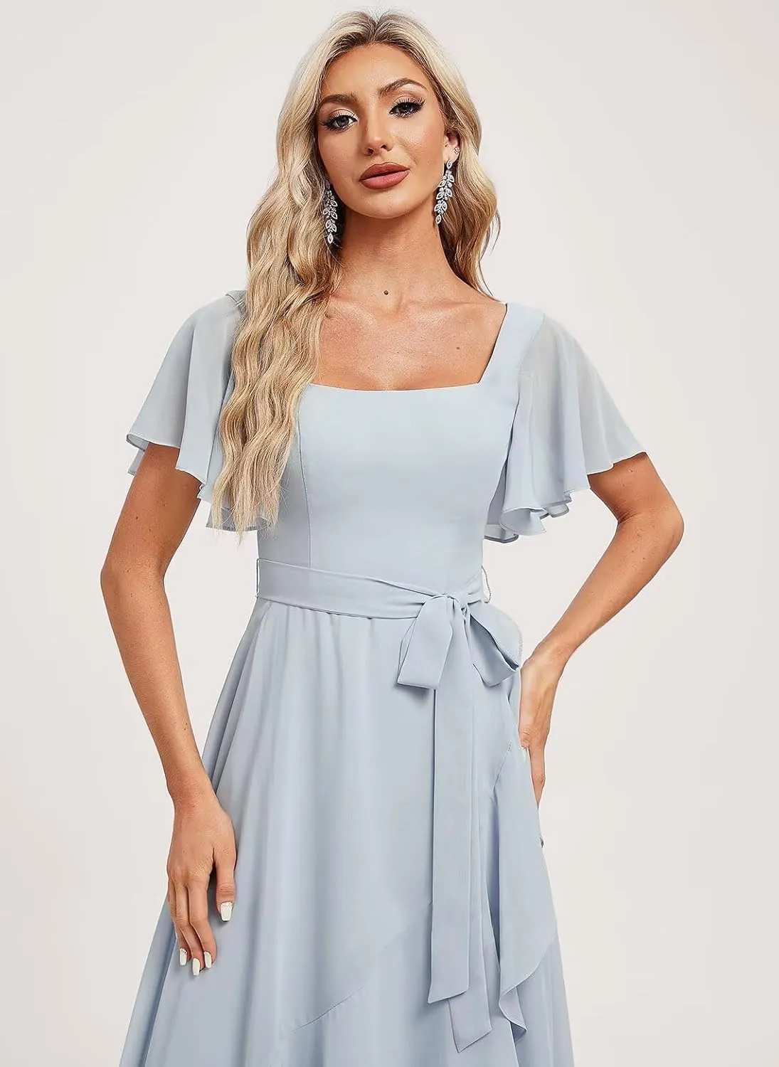 Monvelli Asymmetrical Chiffon Flutter Sleeve Bridesmaid Dresses for Women Square Neck Formal Gowns with Pockets 2025