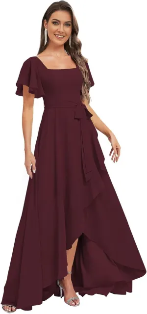 Monvelli Asymmetrical Chiffon Flutter Sleeve Bridesmaid Dresses for Women Square Neck Formal Gowns with Pockets 2025