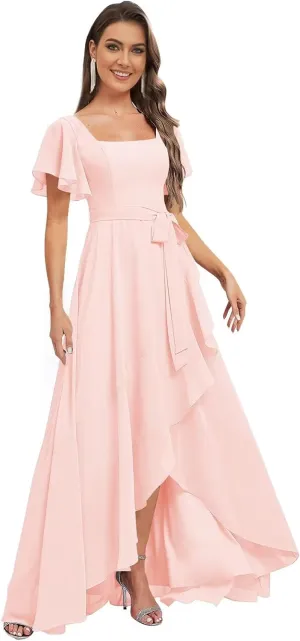 Monvelli Asymmetrical Chiffon Flutter Sleeve Bridesmaid Dresses for Women Square Neck Formal Gowns with Pockets 2025