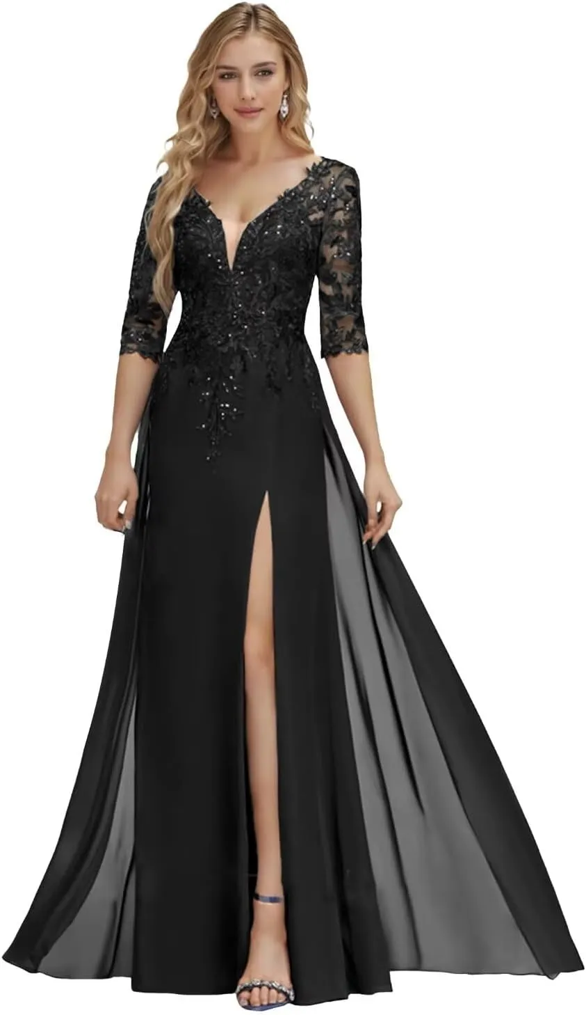 Mother of The Bride Gown A-line Deep V-Neck Floor Length Lace Chiffon 1/2 Sleeve Side Double Split Dress with Sequins