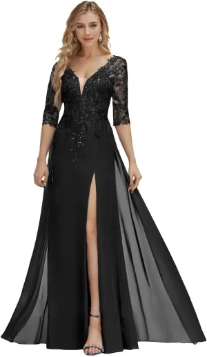 Mother of The Bride Gown A-line Deep V-Neck Floor Length Lace Chiffon 1/2 Sleeve Side Double Split Dress with Sequins