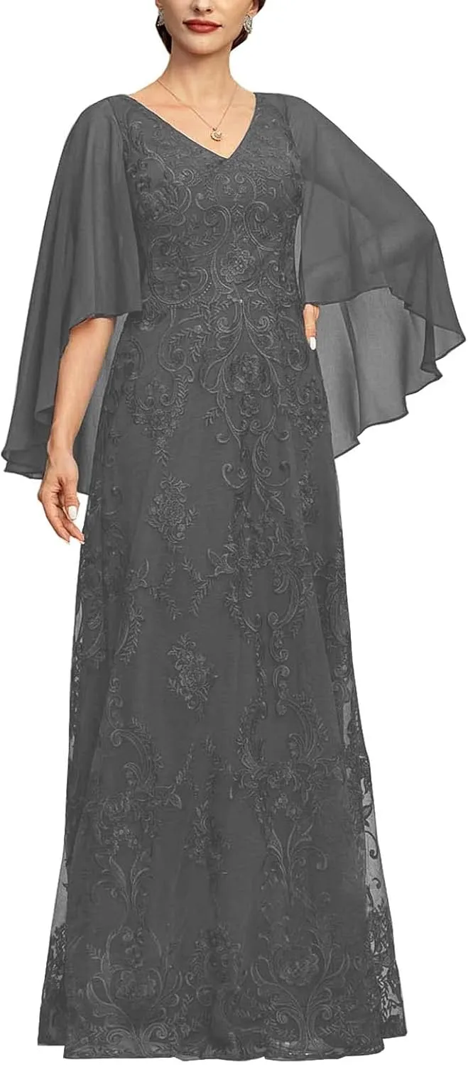 NABN Mother of The Bride Dresses with Cape Long Evening Dress Chiffon Formal Wedding Guest Dresses for Women