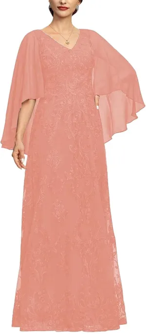NABN Mother of The Bride Dresses with Cape Long Evening Dress Chiffon Formal Wedding Guest Dresses for Women