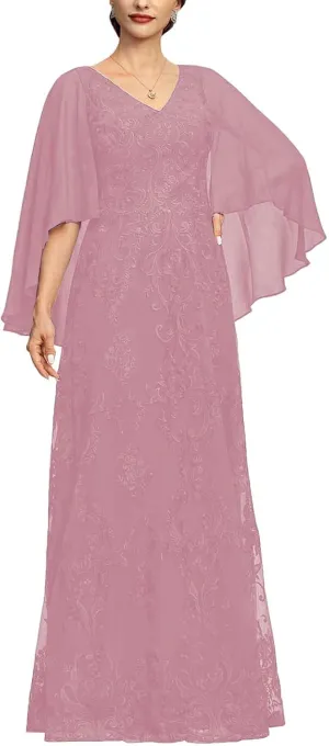 NABN Mother of The Bride Dresses with Cape Long Evening Dress Chiffon Formal Wedding Guest Dresses for Women