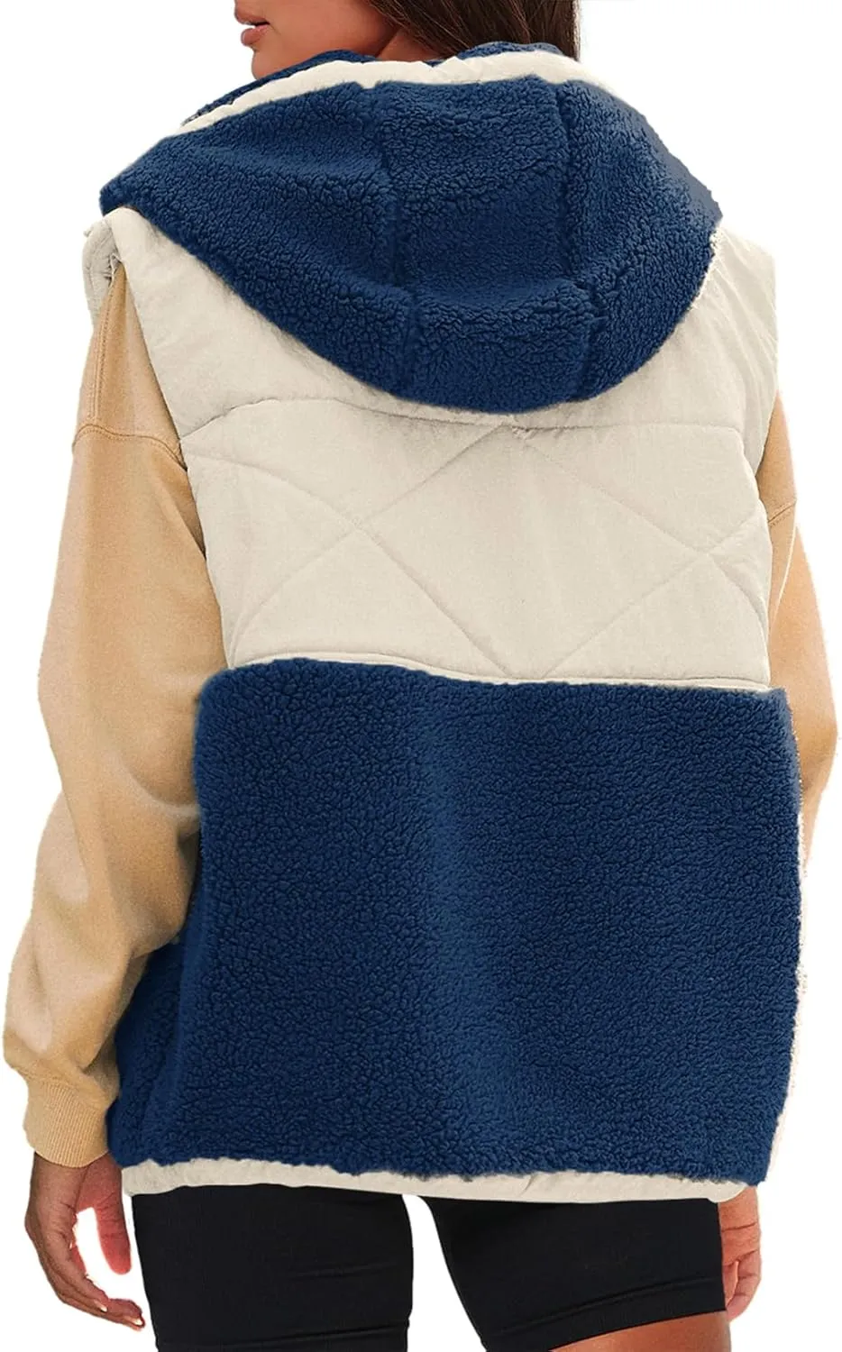 Nirovien Womens Oversized Quilted Vest Color Block Fleece Vest Button Down Padded Outwear Removeable Hooded with Pockets