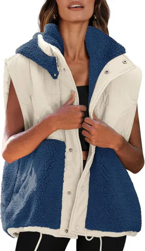 Nirovien Womens Oversized Quilted Vest Color Block Fleece Vest Button Down Padded Outwear Removeable Hooded with Pockets