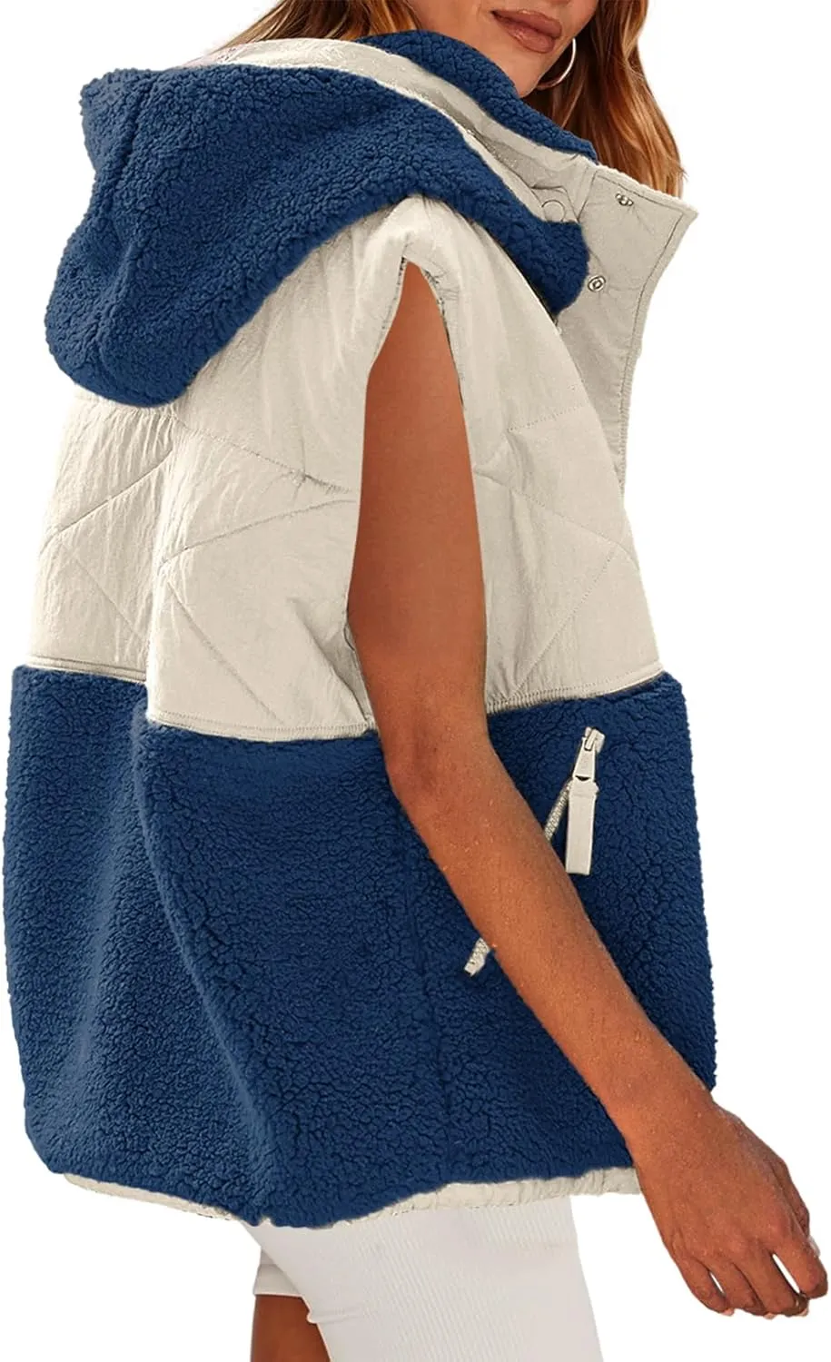 Nirovien Womens Oversized Quilted Vest Color Block Fleece Vest Button Down Padded Outwear Removeable Hooded with Pockets