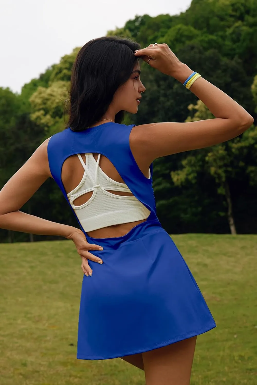 Nirovien Womens Tennis Dress with Built in Shorts and Bra Workout Athletic Rompers Open Back Skort Dress