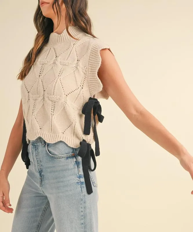 NUFIWI Womens Y2K Ribbon Bow Sweater Vest Chunky Cap Sleeve Knit Vest with Bows Casual Lace Up Bandage Crochet Knit Tank