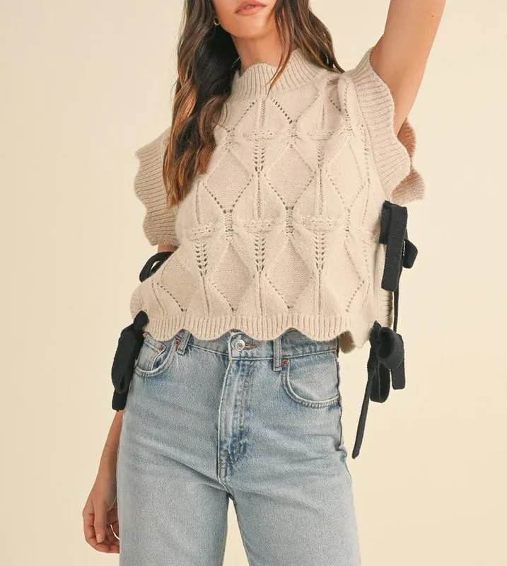NUFIWI Womens Y2K Ribbon Bow Sweater Vest Chunky Cap Sleeve Knit Vest with Bows Casual Lace Up Bandage Crochet Knit Tank