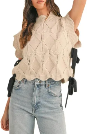 NUFIWI Womens Y2K Ribbon Bow Sweater Vest Chunky Cap Sleeve Knit Vest with Bows Casual Lace Up Bandage Crochet Knit Tank