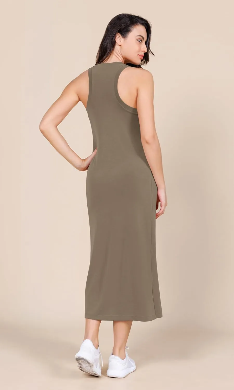 ODODOS Modal Soft Front Split Midi Dress for Women, V Neck Sleeveless Casual Summer Tank Dress