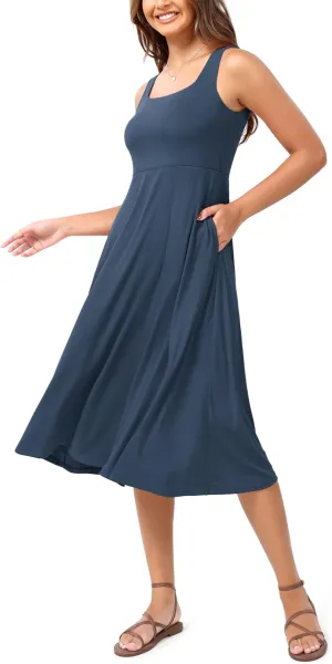 ODODOS Square Neck Midi Dress with Pockets for Women Summer Casual Sleeveless Sundress Flare Tank Dress