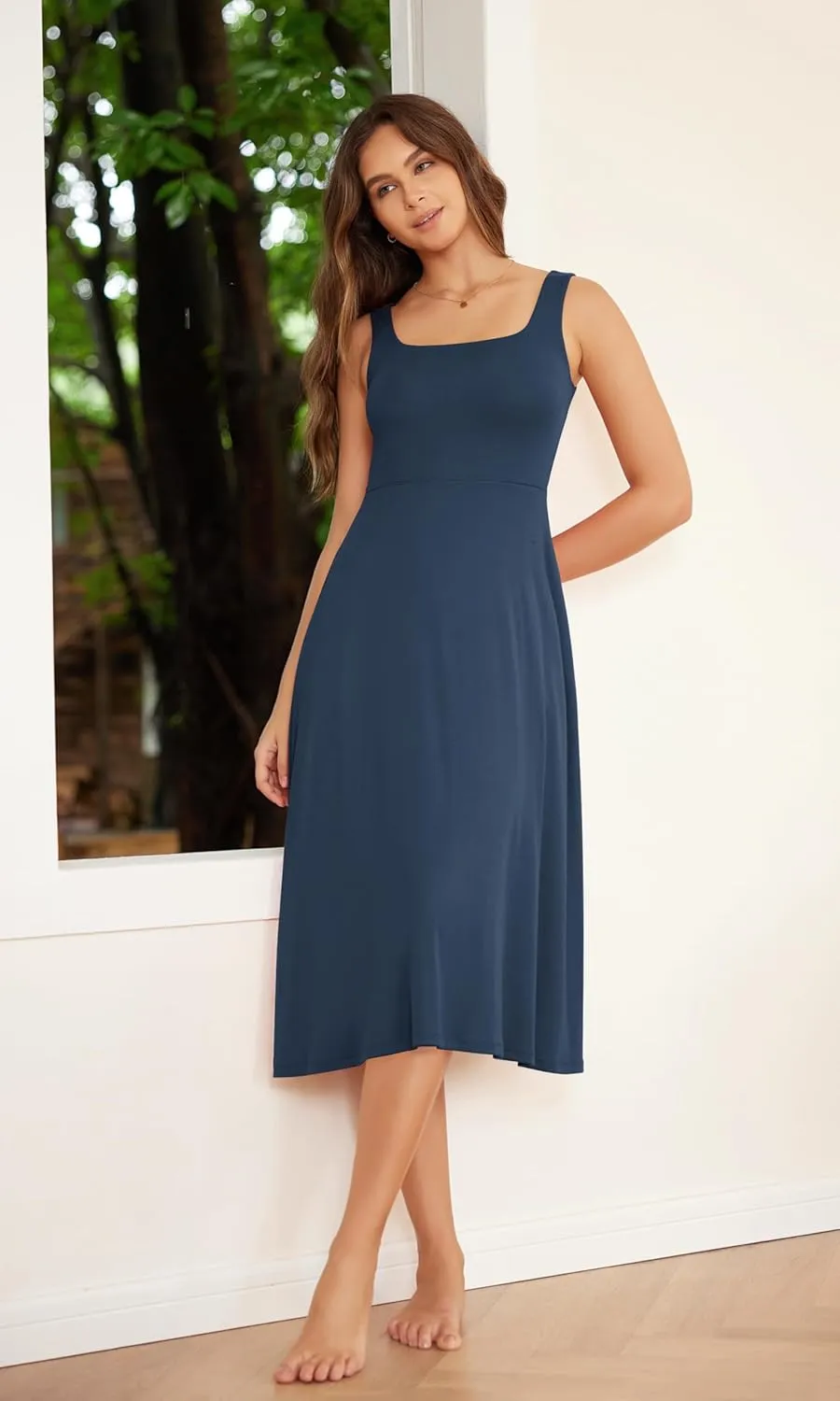 ODODOS Square Neck Midi Dress with Pockets for Women Summer Casual Sleeveless Sundress Flare Tank Dress