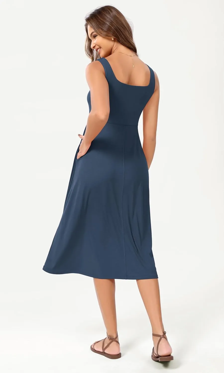 ODODOS Square Neck Midi Dress with Pockets for Women Summer Casual Sleeveless Sundress Flare Tank Dress